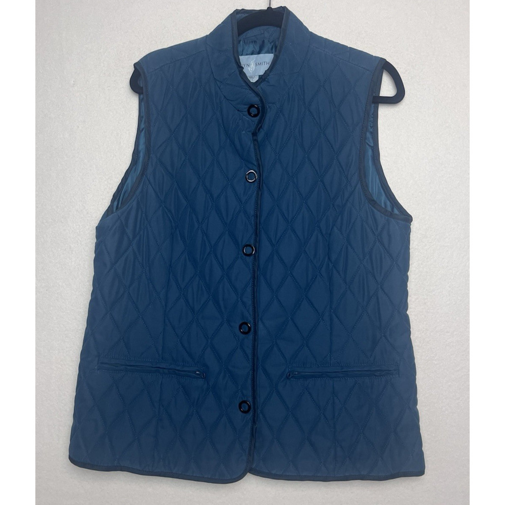 Jaclyn Smith Women's Blue Full Snap Quilted Vest Size Large Mock Neck Zip Pocket
